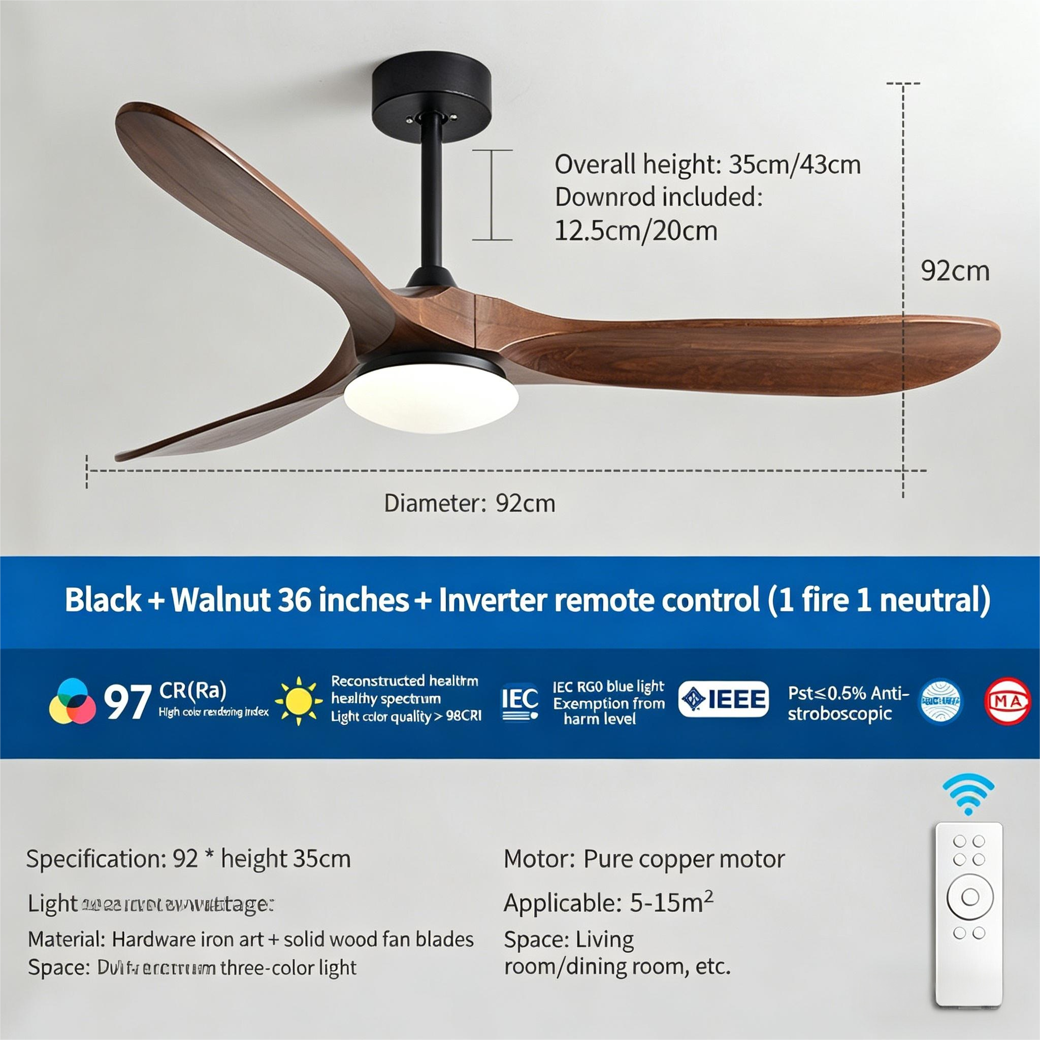 90 inch high wind solid wood ceiling fan light, variable frequency integrated electric fan light - Ceiling Fans | CHEERFUL Kenya image 6 detail view