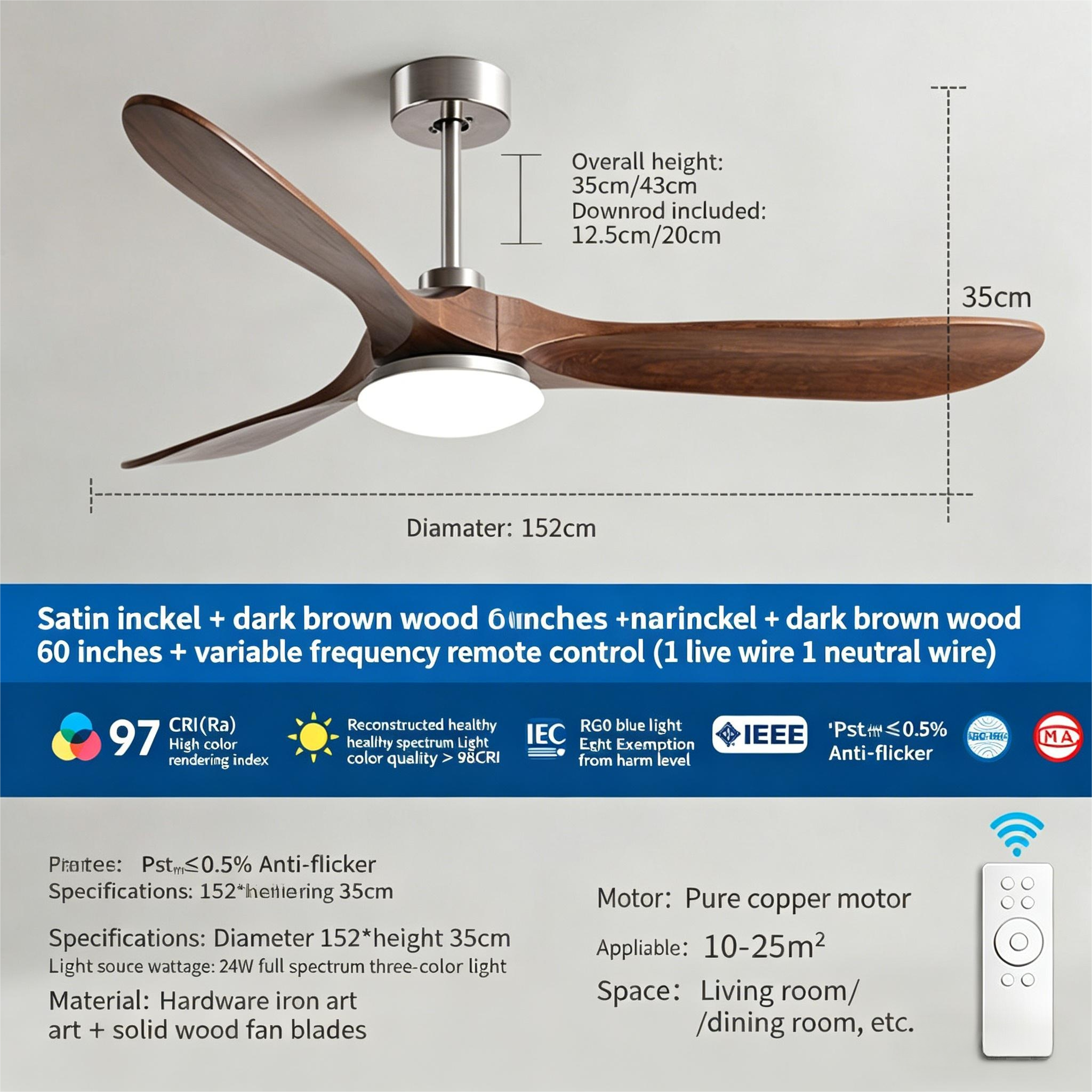 90 inch high wind solid wood ceiling fan light, variable frequency integrated electric fan light - Ceiling Fans | CHEERFUL Kenya image 8 detail view