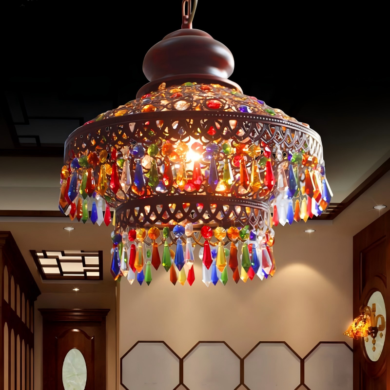 Bohemian retro wrought iron restaurant single head colorful crystal lamp, creative specialty American coffee shop triple head chandelier - Lighting Fixtures | CHEERFUL Kenya image 3