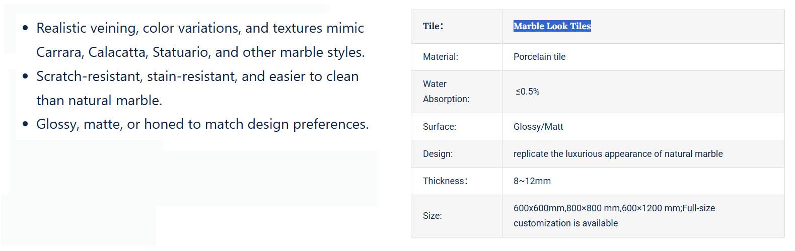 Marble Look Tiles - Tile(Thick stone) | CHEERFUL Kenya detail view